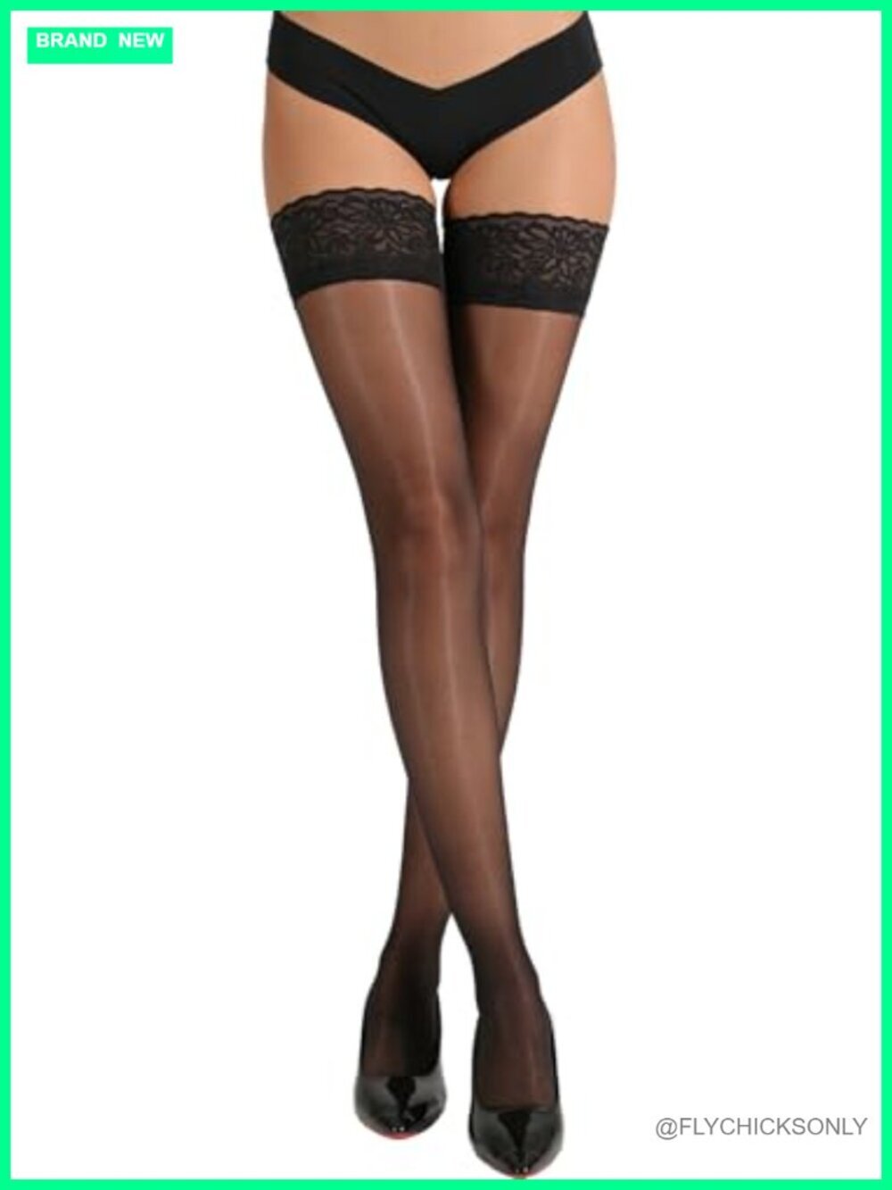 Shiny Thigh High Stockings Reinforced Lace Top Dual Silicone Pantyhose